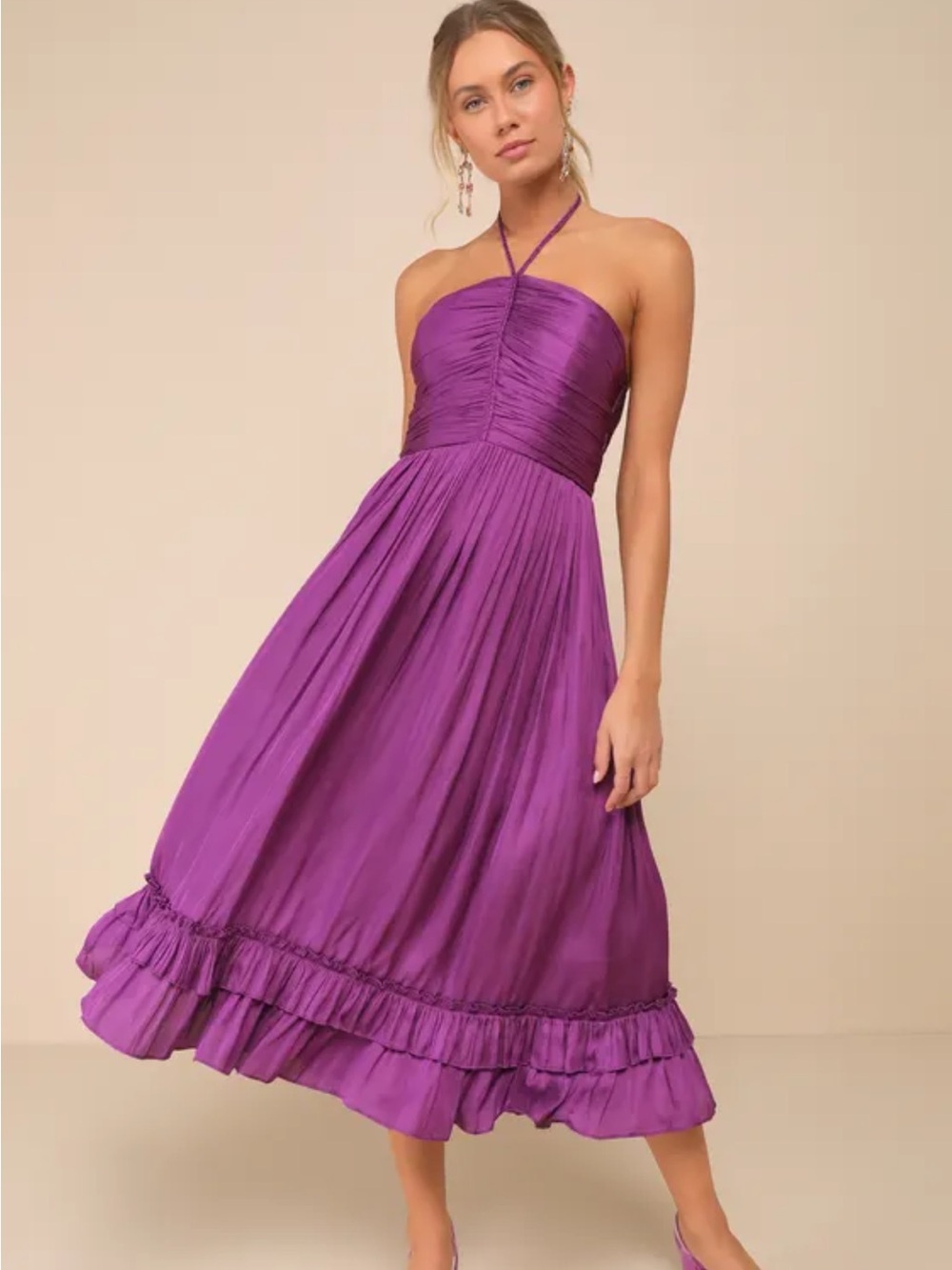 Lulu's Purple Satin Halter Tiered Midi Dress Medium